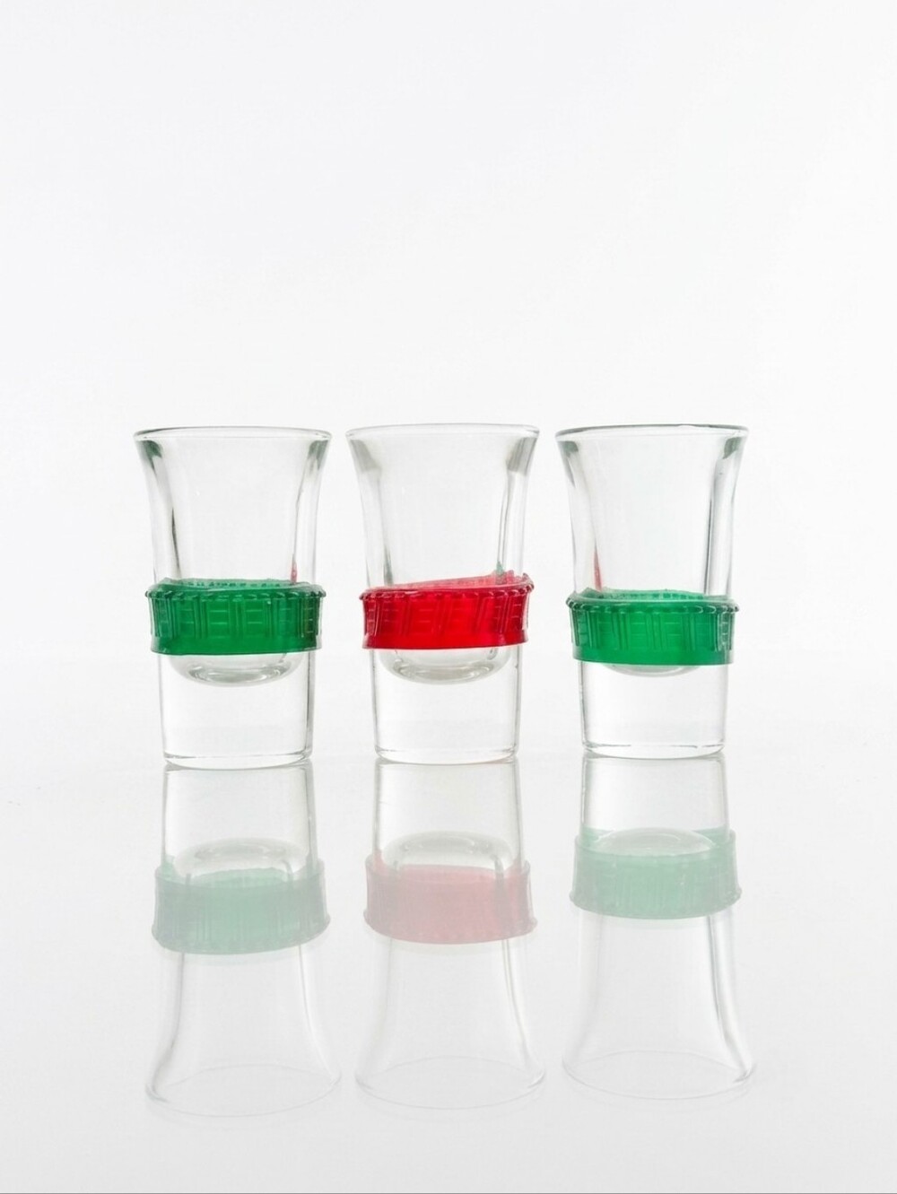 3 Piece Celluloid Banded Shot Glass Set Vintage 1950 MCM Retro Green Sci Fi Prop